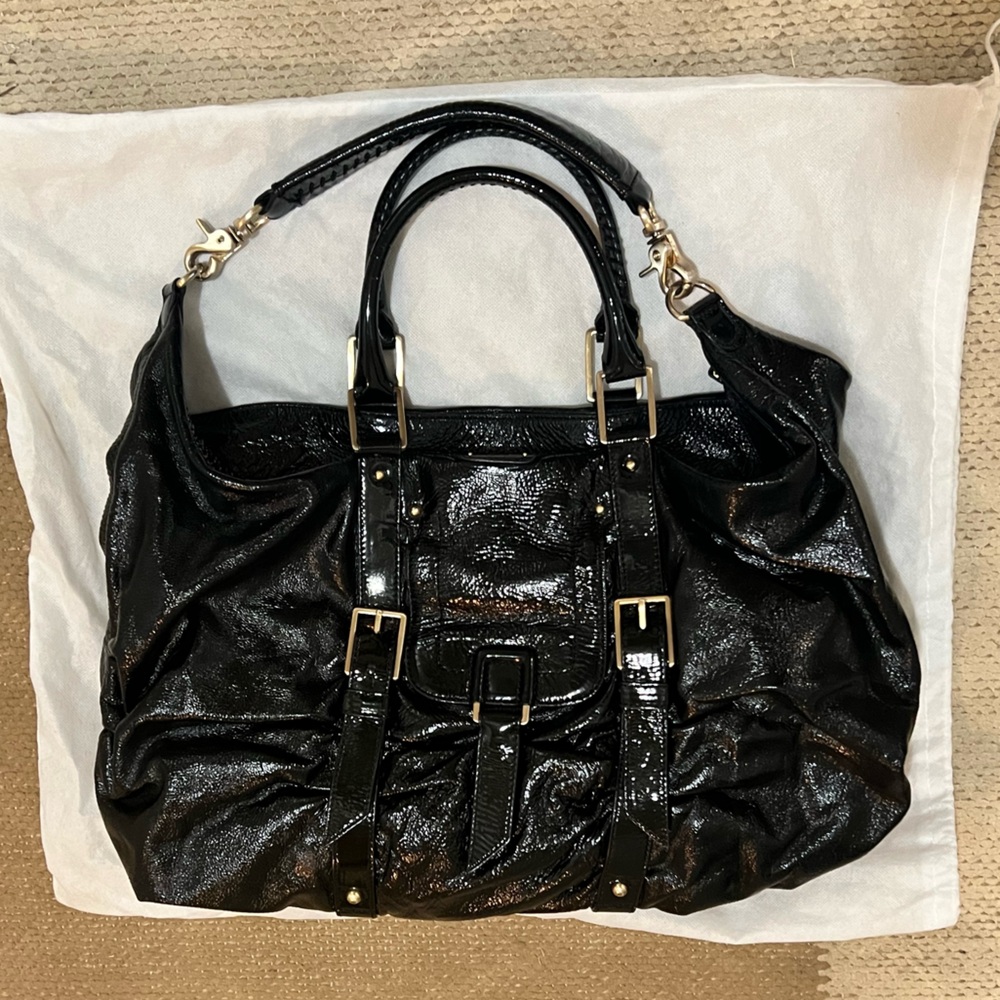 Botkier Black Patent Leather Large Sasha Duffle Handbag Golden Hardware EUC